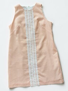 Maggy L Orange White Pinstripes Seersucker Classic Shift Dress 14P Sleeveless